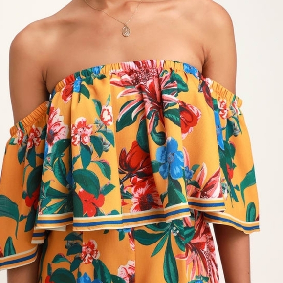 LULUS Honolulu Golden Yellow Floral Print Off-the-Shoulder Jumpsuit Womens Sz L - Picture 4 of 14